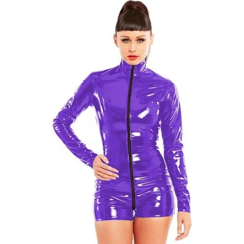 Plus Size Wet Look Playsuit Long Sleeve High Collar PVC Playsuits Women Jumpsuit Zipper To Back Buttock Faux Leather Jumpsuits
