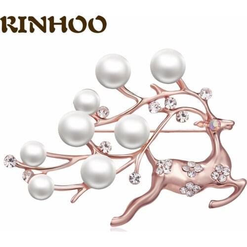 RINHOO Rhinestone Pearl Cute Deer Brooches For Women Enamel Christmas Elk Reindeer Pins Coat Corsage Fashion Jewelry Xmas Gift