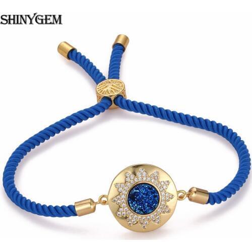 ShinyGem Handmade PU Leather Braided Bracelet Gold Rhinestone Sun Totem Charm Bracelets Original Druzy Stone Bracelets For Women