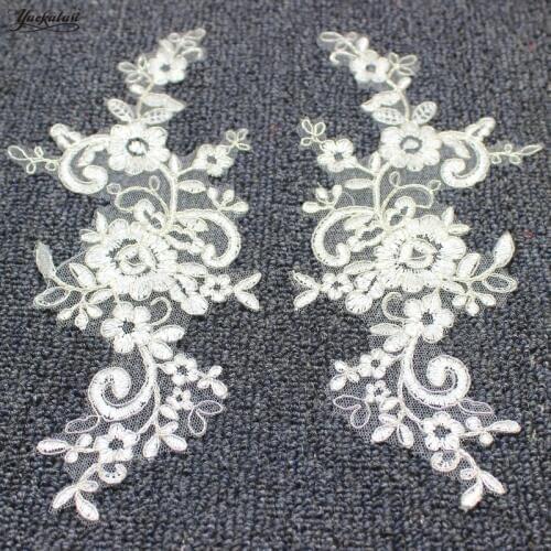 YACKALASI Wedding Appliqued Flower Lace Patches Floral Headwear 3D Flower Embroidered Mirror Pairs Sewing Silver Trims 24*10cm