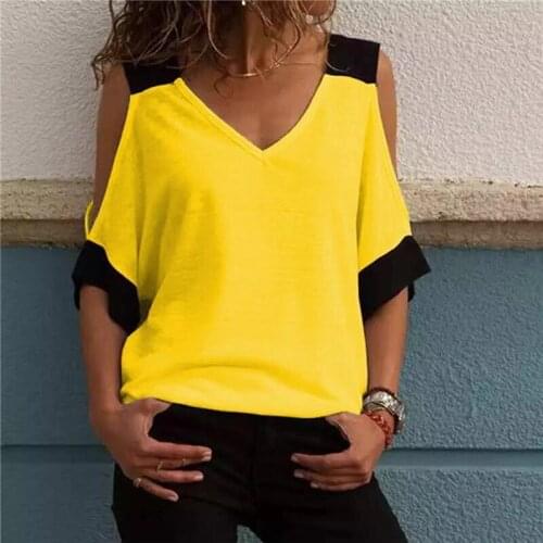 Womens Patchwork Cold Shoulder T-shirt 2XL Tops V-Neck Half Sleeve Female Tee Shirt Summer Casual T Shirt For Women