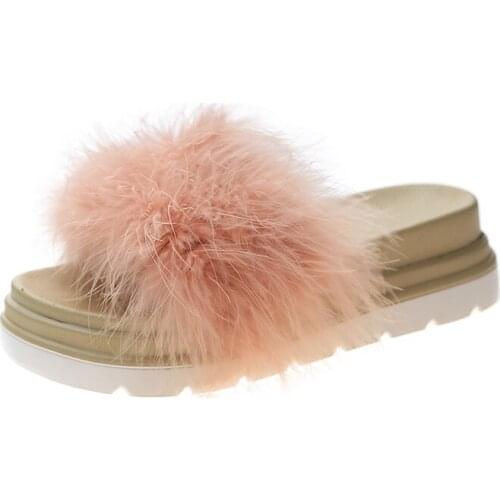 2021 Fashion Womens Thick-bottomed Fur Slippers Casual Non-slip Indoor Slippers Outside Mid-heel Platform Sandals Woman