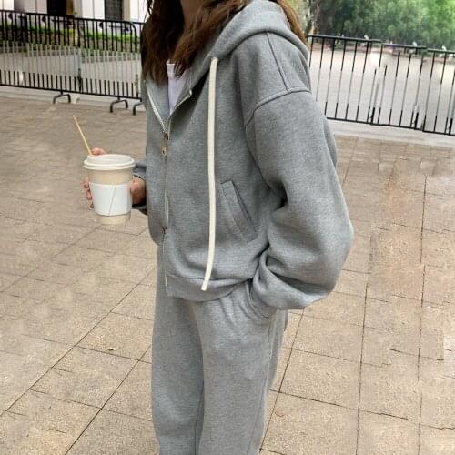 Women Winter Casual Tracksuits Leisure 2 Two Piece Set Fleece Zipper Hooded Sweatshirt with Elastic High Waist Long Pants