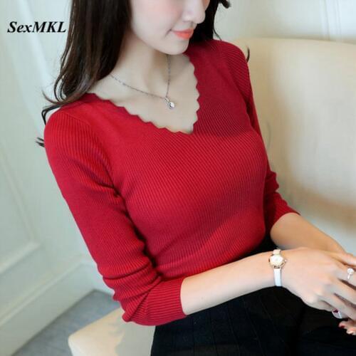 Sexy Autumn Winter Sweater Women 2020 Fashion Solid Knitted Sweater Pullovers Long Sleeve Tops Wave Cut V-neck Basic Sweater