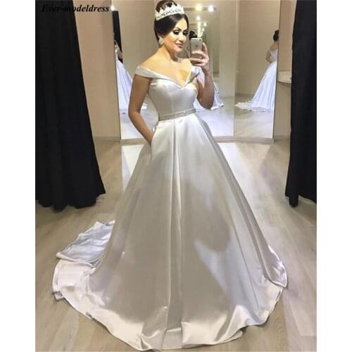 Simple Satin Wedding Dresses 2019 Beaded Belt Pockets Sweep Train Off Shoulder Bridal Gowns Bride Dress Vestido De Noiva