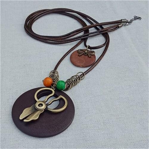2018 double vintage long pendant necklace wood round scissors pendant handmade sweater accessories women jewelry collier
