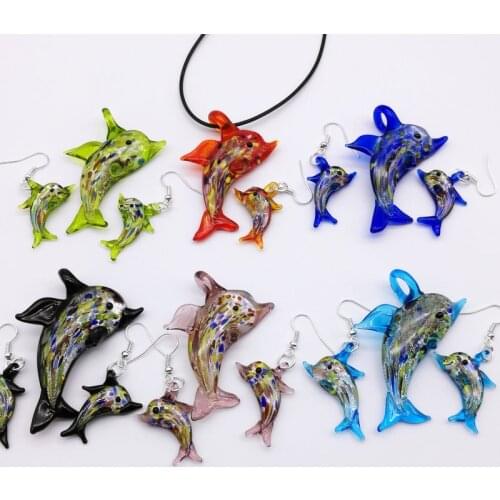 6 Set Chinese Style Dolphin Lampwork Glass Murano Bead Necklace Pendant Earring For Women Animal Charm Gift Six Color Optional