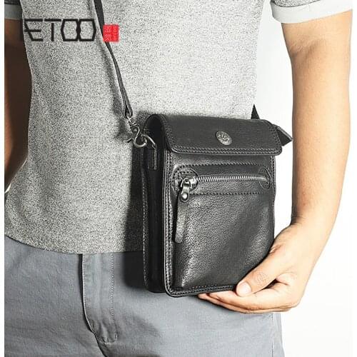 AETOO Business first-layer sheepskin crossbody bag, leather retro waist bag, casual buckle shoulder bag