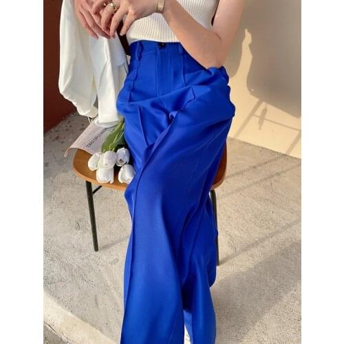 Blue Wide Leg Pants Women High Waist Loose Casual Chiffon Suit Pants Pantalones De Mujer Jomper Mujer Pamtalon Elegantes