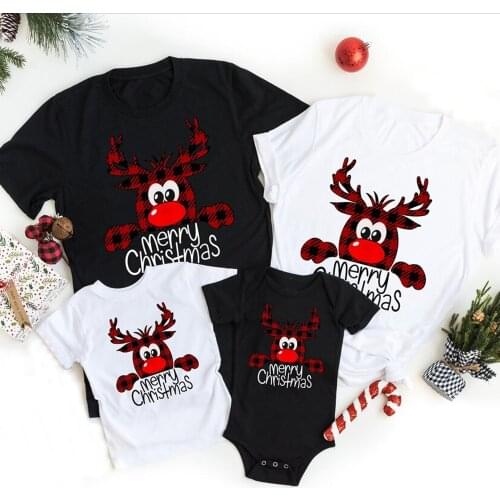 Merry Christmas The Most Wonderful Time of The Year Family Matching T-shirt Baby Romper Kids T Shirts Plaid Deer Xmas Clothes