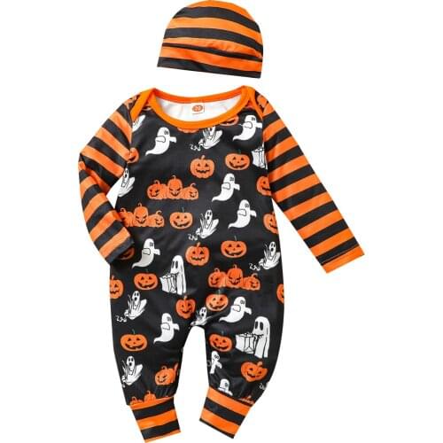 2021-07-06 Lioraitiin 0-24M Infant Baby Boy Girl 2Pcs Halloween Clothing Set Long Sleeve Pumpkin Printed Jumpsuit Hats