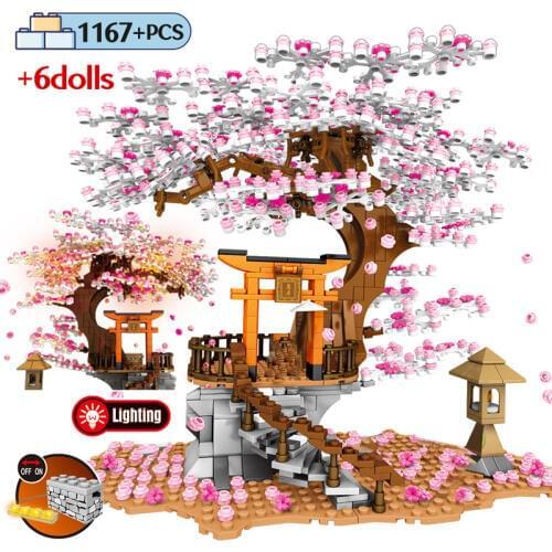 SEMBO Street View Idea Shrine Bricks Sakura Stall Bricks City Friends Cherry Blossom Landscape House Tree Building Block Toys