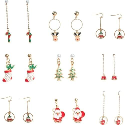 Creative Multiple Tree Sock Santa Claus Bells Christmas Drop Earrings Red Green Enamel Hanging Earrings Party Festival Jewelry