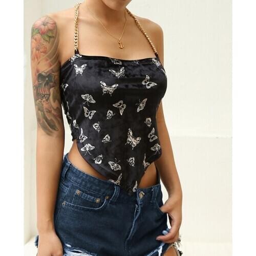 Butterfly Halter Tank Top Women Patchwork Chain Crop Top Backless Cropped Feminino Streetwear Velvet Sleeveless Tops Tee Summer