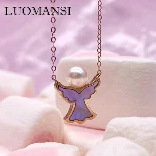 Luomansi Genuine 1.5g 18K Rose Gold with Certificate Natural Pearl Shell Angel Necklace (I Love You) Proposal Lover Jewelry Gift