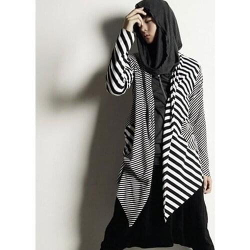 Men japanese style punk hip hop striped t shirt knit long sleeve tee shirts men gothic hiphop cardigan streetwear stage costume