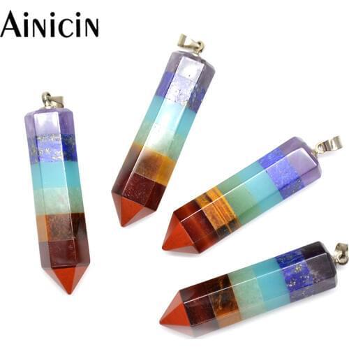 5pcs New Arrival Hexagon Shape Natural Semi-precious Stone Rainbow Color Pendant Necklace For Men and Women