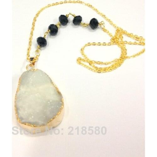 H-QN113 Druzy Jewelry White Druzy Cluster Pendant Necklace with a Rosary Chain