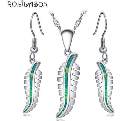 ROLILASON earrings pendant necklace Silver stamped 925 Green leaf fire opal set for women party gift OS033