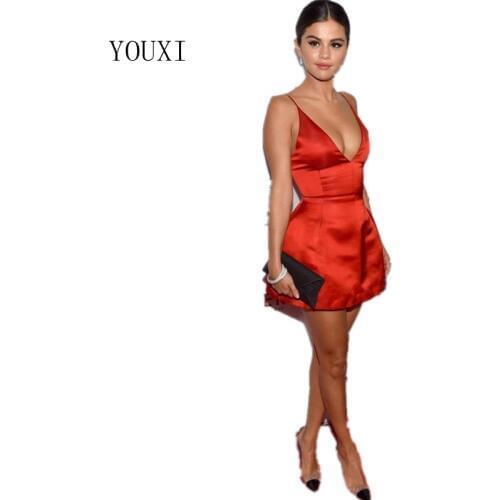 Sexy V Neck Spaghetti Strap Black Satin A Line Mini Short Celebrity Dress Selena Gomez Red Carpet Dresses
