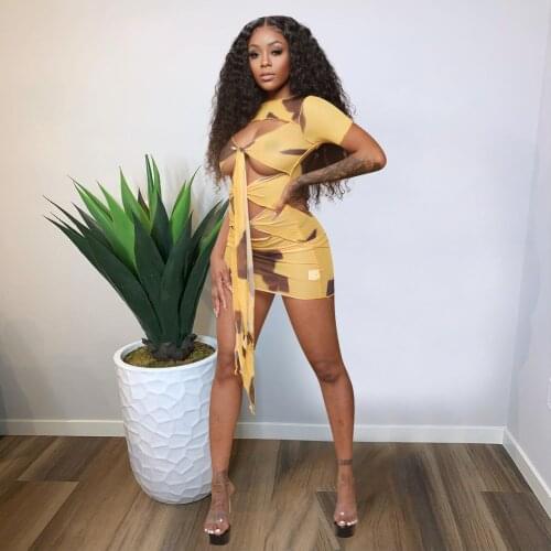 Sexy Hollow out Mesh Mini Dress See Through Summer Club Party Wear Women Short Sleeve Lace Up Bodycon Dresses for 2021 Clohtes