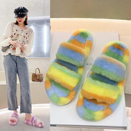 Double One Flat Shoes Female Ladies' Slippers Platform Low Fur Flip Flops Big Size Flock Plush Rome Slides Basic Rubber