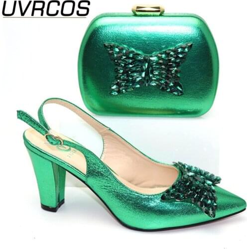 High Quality Green Color Elegant Italian Shoes with Matching Bag Shoes and Bag Set African Shoes for Women Sandals Sweet