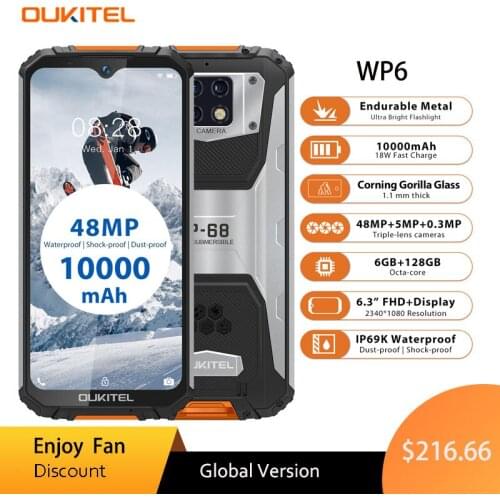 OUKITEL WP6 10000mAh 6.3'' FHD+ IP68 Waterproof Mobile Phone 6GB 128GB Octa Core 16MP Triple Cameras Rugged Smartphone celular