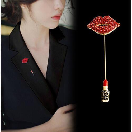 New Rhinestone Red Lips Brooches for Women Long Pin Brooch Lipstick Design Summer Dress Accessories Fashion Jewelry