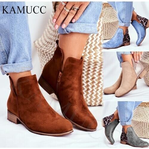 Woman Vintage Leopard Low Heels Women Retro PU Leather Ankle Boots 2020 Womens Zip Ladies Shoes Female Short Boots Plus Size 43