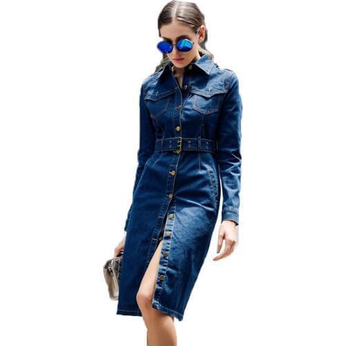 Women Denim Trench Coat Spring New Retro Badges Split Fork Large Size 5XL Windbreaker Autumn Long Belt Denim Dress Ladies' Coat