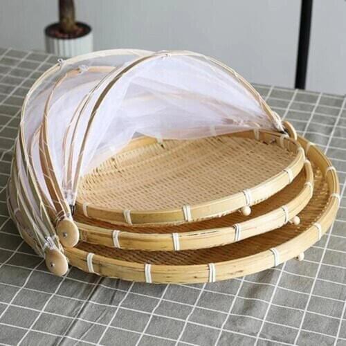 Bamboo Tent Basket Hand Woven Tray Anti Bug Food Fruit Container Net Mesh Cover Hand Woven Anti Bug Dust Proof