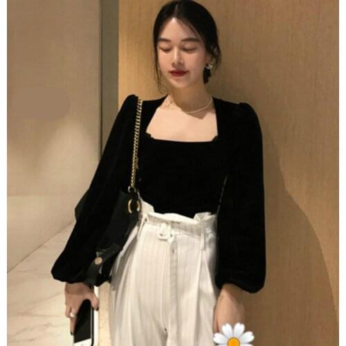 Womens Basic Long Sleeves Popular New Soft Women Solid Puff Sleeve Stylish Blouses Vintage Retro Simple Chic Velour Slim Shirts