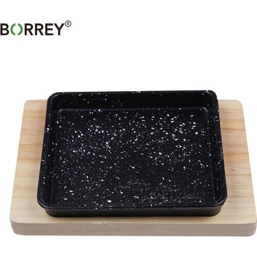 BORREY2Pcs/Set Square Grill Pan Cast Iron Black Tray For Steak With Wooden Base Steak Pan Fajita Server Plate Restaurant or Home