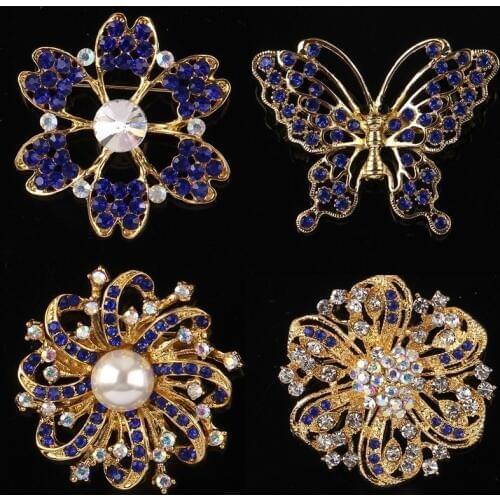 DIEZI Korean Gold Color Blue Crystal Brooches for Wedding Women Party Dress Rhinestone Bridal Bouquet Flower Bowknot Brooch pins