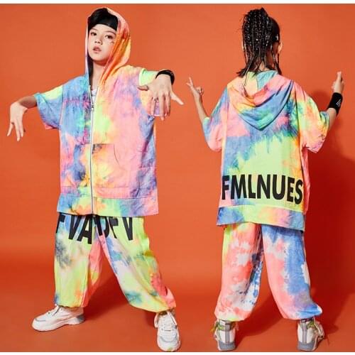 Jazz Dance Costumes Fashion Tie Dye Hoodie Top Loose Pants Ballroom Hip Hop Dancing Clothes Kids Street Dance Rave Wear DQS7461