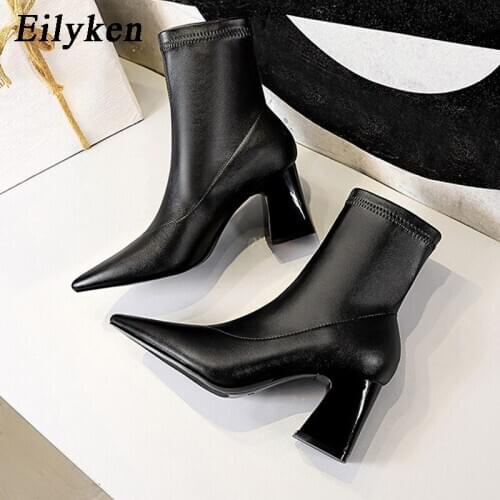 Eilyken Elegant Women Ankle Boots Fashion Pointed Toe Warm Short Plush Winter Shoes Sexy Square High Heels Booties Femme