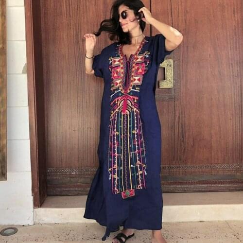 Embroidered Cotton Bohemian Women Winter Dress BeachWear Bikini Cover Up Tunic Sexy Robe Kaftan Beach Swimsuit Cover up Pareo