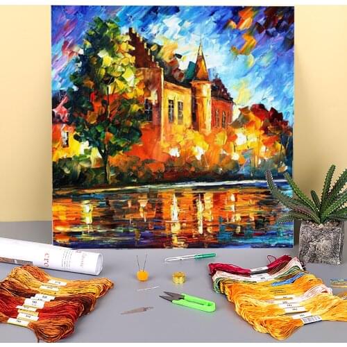 Oil Painting Style Castle Printed Water-Soluble Canvas 11CT Cross Stitch Kit Embroidery DMC Threads Handiwork Knitting Gift