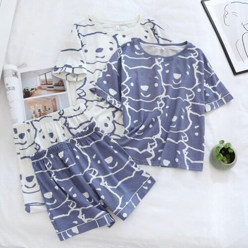 Korean Summer Womens Pajama Set Knit Cotton Short Sleeved Pajamas with Shorts Thin Little Bear 2 Piece Comfortable Home Wear