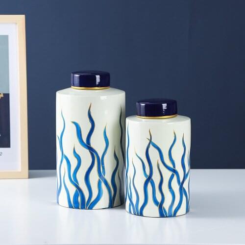 Creative Light Luxury Ceramic Jar White with Seaweed Pattern Nordic Home Decoration Storage Jar Modern Decoration Accessories