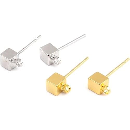 3 Pairs Zinc Based Alloy Square Ear Post Stud Earrings Findings Silver Color W/ Loop 6mm x 4mm For DIY Jewelry Making