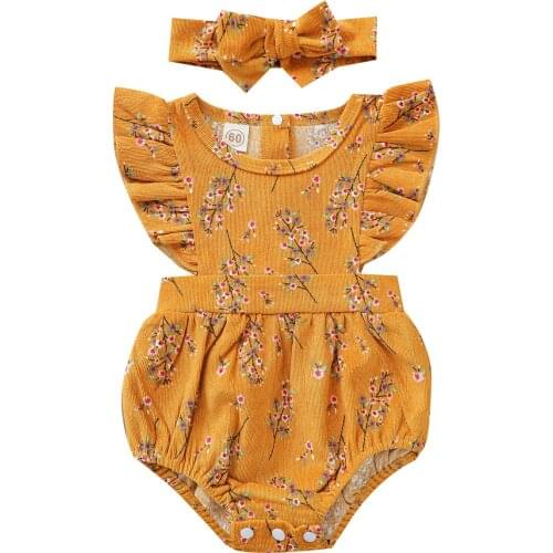 Summer Baby Girls Corduroy Bodysuits Infant Baby Ruffles Fly Sleeve Floral Jumpsuits with Headband Newborn Baby Clothes 0-24M