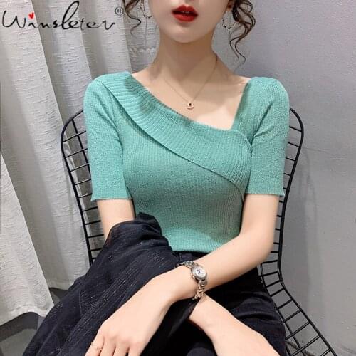 Summer European Clothes Knitted T-Shirt Fashion Asymmetrical Women Sexy Back Tops Bottoming Shirt Pullover Tees New 2021 T17907A