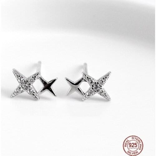 LKO Originality Cross Stars 925 Sterling Silver Stud Earrings Sparkling Zircon Stars Ornaments For Women Jewelry Gifts