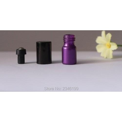 2ML100pcs/lot Mini Portable Purple Shading Scent Bottle, Glass Essential Oil Roll On Bottle, Steel Roll On Cosmetic Serum Bottle