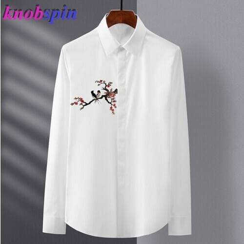 Brand Business Male Dress Shirt Long Sleeve Slim Casual Chemise homme Elegant Printed Pure Cotton Shirts Men Plus Size Camisas