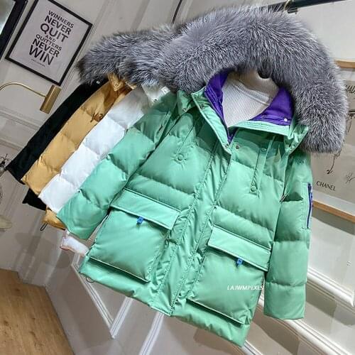 Real Natural Fox Fur 2021 Winter 90% White Duck Down Coat Winter Jacket Loose Women Down Parkas Thick Warm Hooded Overcoat