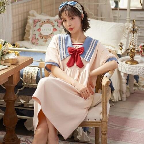 Nightgowns Women Cotton Short Sleeve Kawaii Knee-length Beige Sweet Ruffles Bow Loose Sleepwear Lolita Style Princess Nightdress