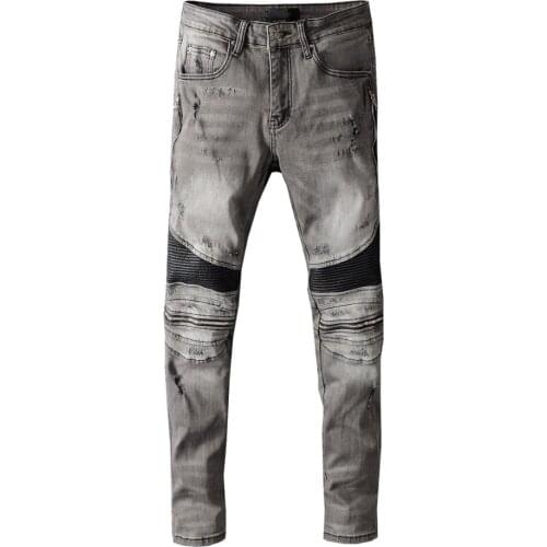 New mens male trousers Street fashion brand autumn punk style smoke gray jeans slim motorcycle denim pants